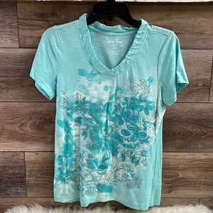 Coral Bay Vneck Floral Tshirt , Petite Small, Teal